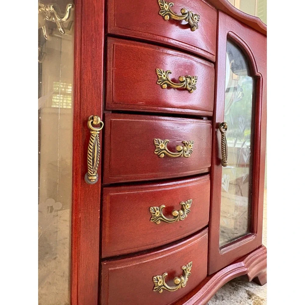 Vintage Wooden Jewelry Armoire Cherry Finish Etched Glass 5 Drawers Mirror Box